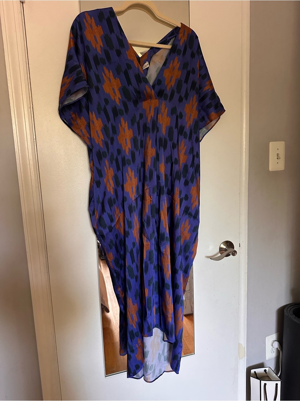 Zara Blue and Rust Abstract High-Low V-Neck Dress
